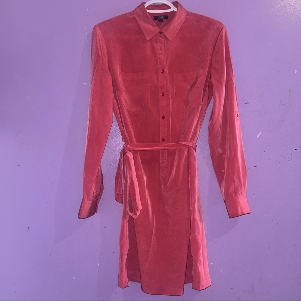 CHIC by Jacob Bright Pink Coral Classic Belted Buttoned Shirt Dress